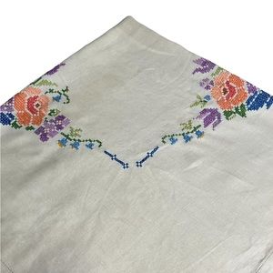 Vintage Mid Century Cross Stitch Embroidered Tablecloth